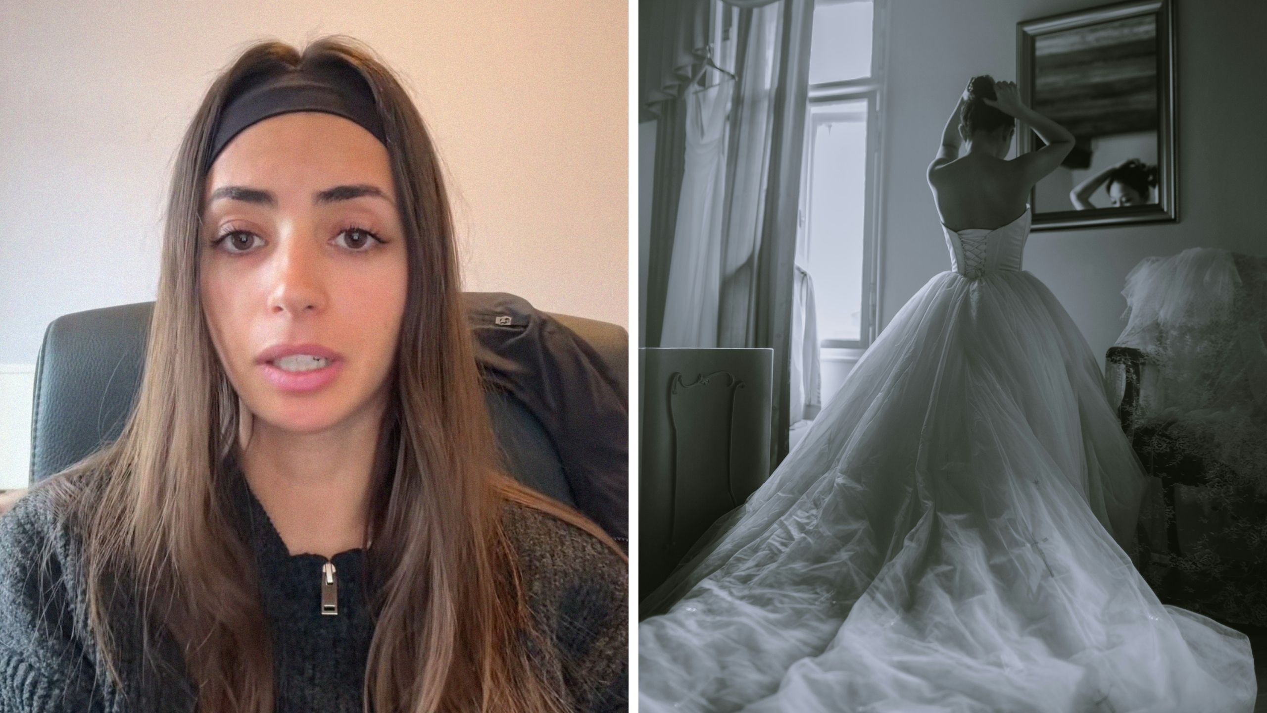 woman shares dress fitting experience (l) woman trying on wedding dresses (r)