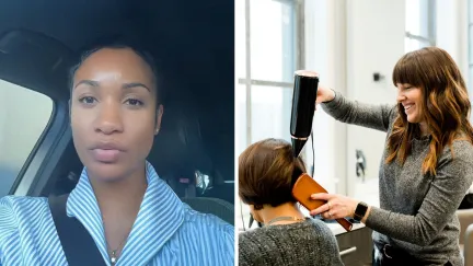 woman shares hair salon issue (l) hairdresser at work (r)
