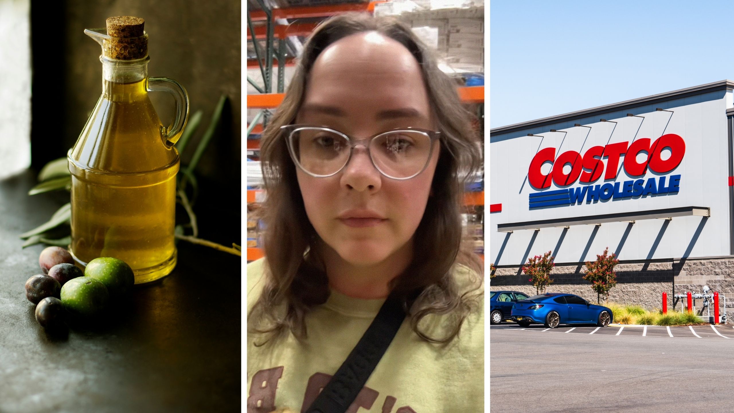 olive oil (l) woman shares shopping tips (c) costco storefront (r)