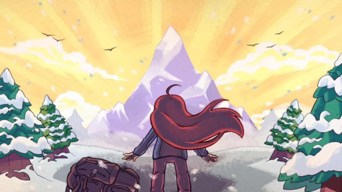 A young woman looks up at a mountaintop in "Celeste"
