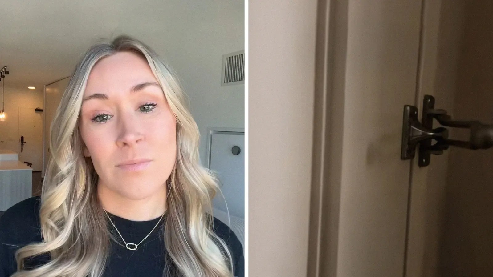 woman shares lay-over scare at hotel (l) Door latch (r)