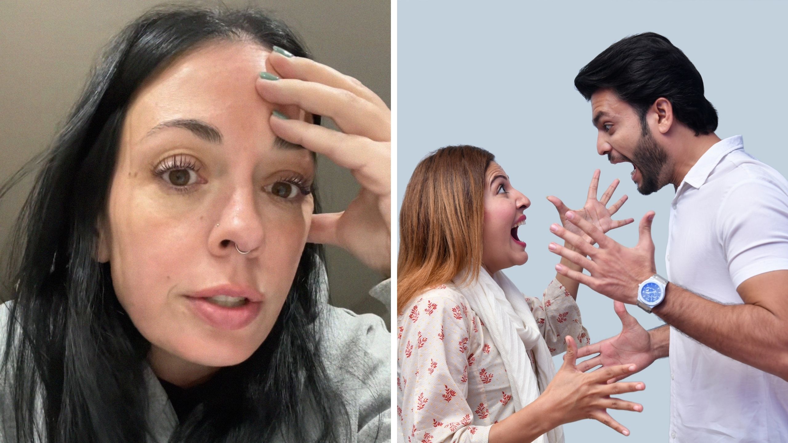 woman shares relationship issue (l) abusive parter in unhealthy relationship (r)