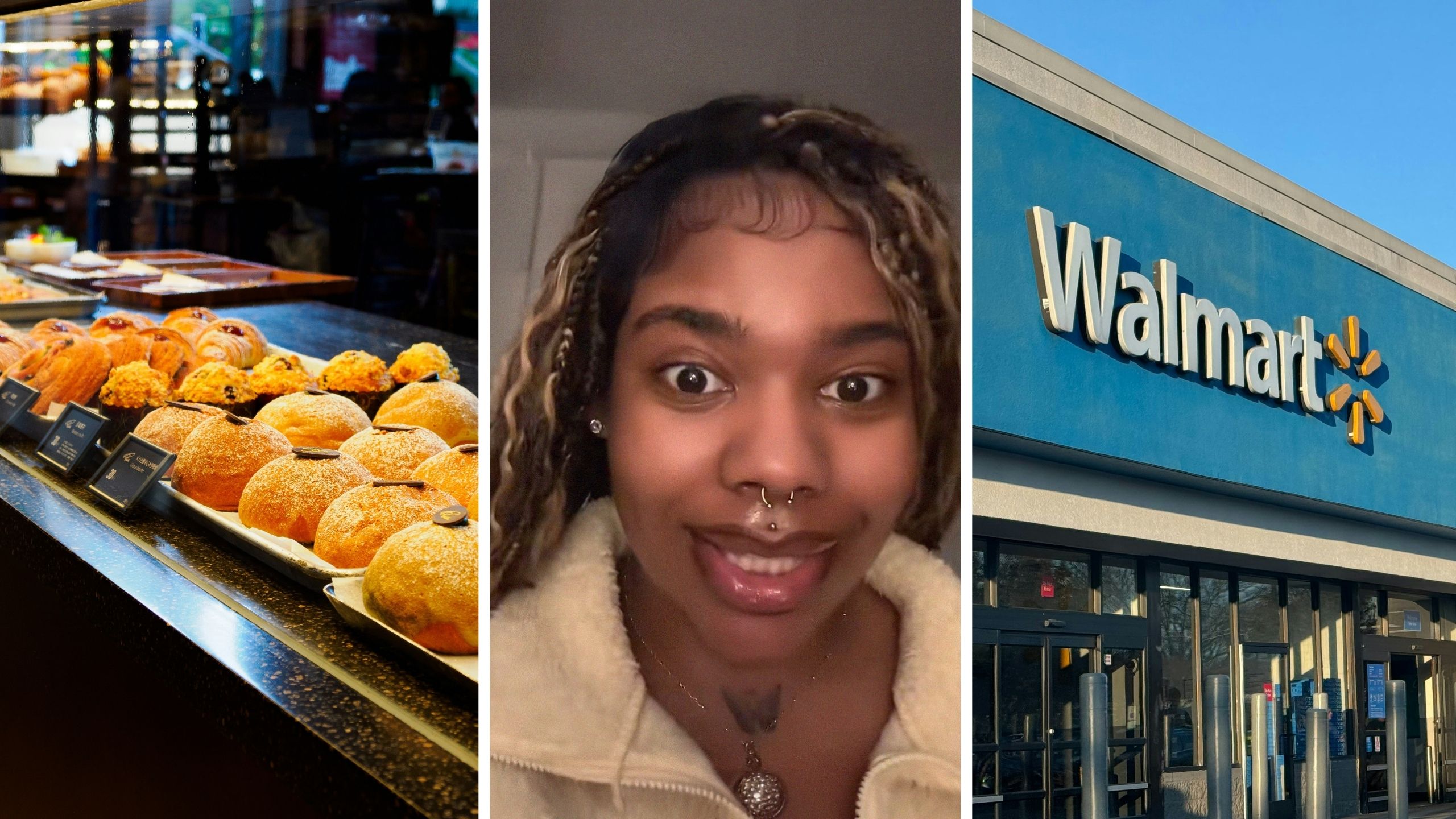 store bread (l) woman shares walmart issue (c) walmart storefront (r)