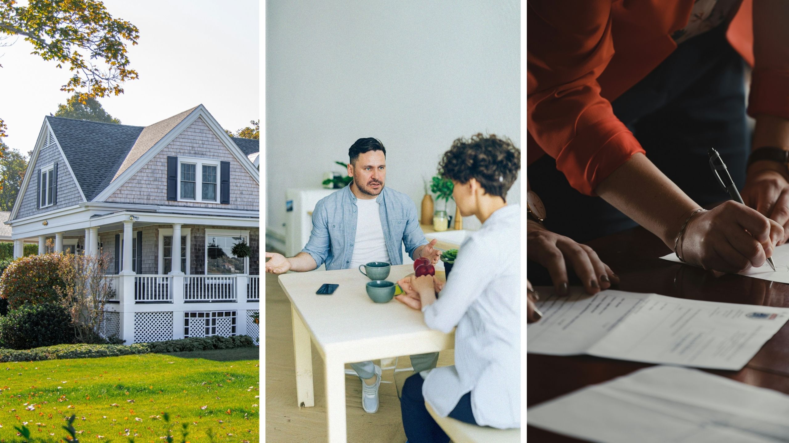 family home (l) couple arguing over divorce (c) divorce papers (r)