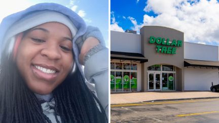 woman shares shopping excitement (l) Dollar tree storefront (r)