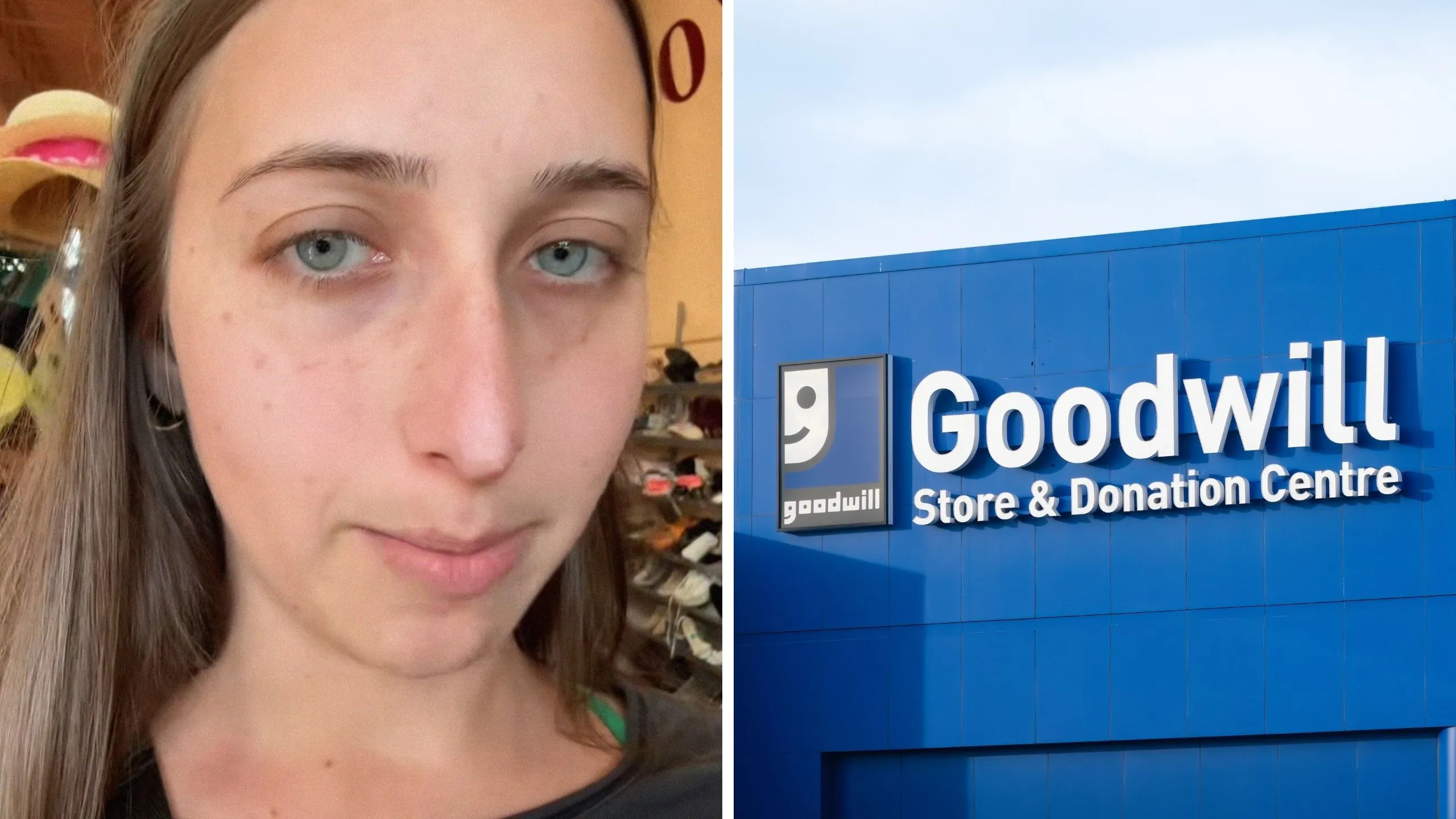 woman shares goodwill encounter (l) goodwill storefront (r)