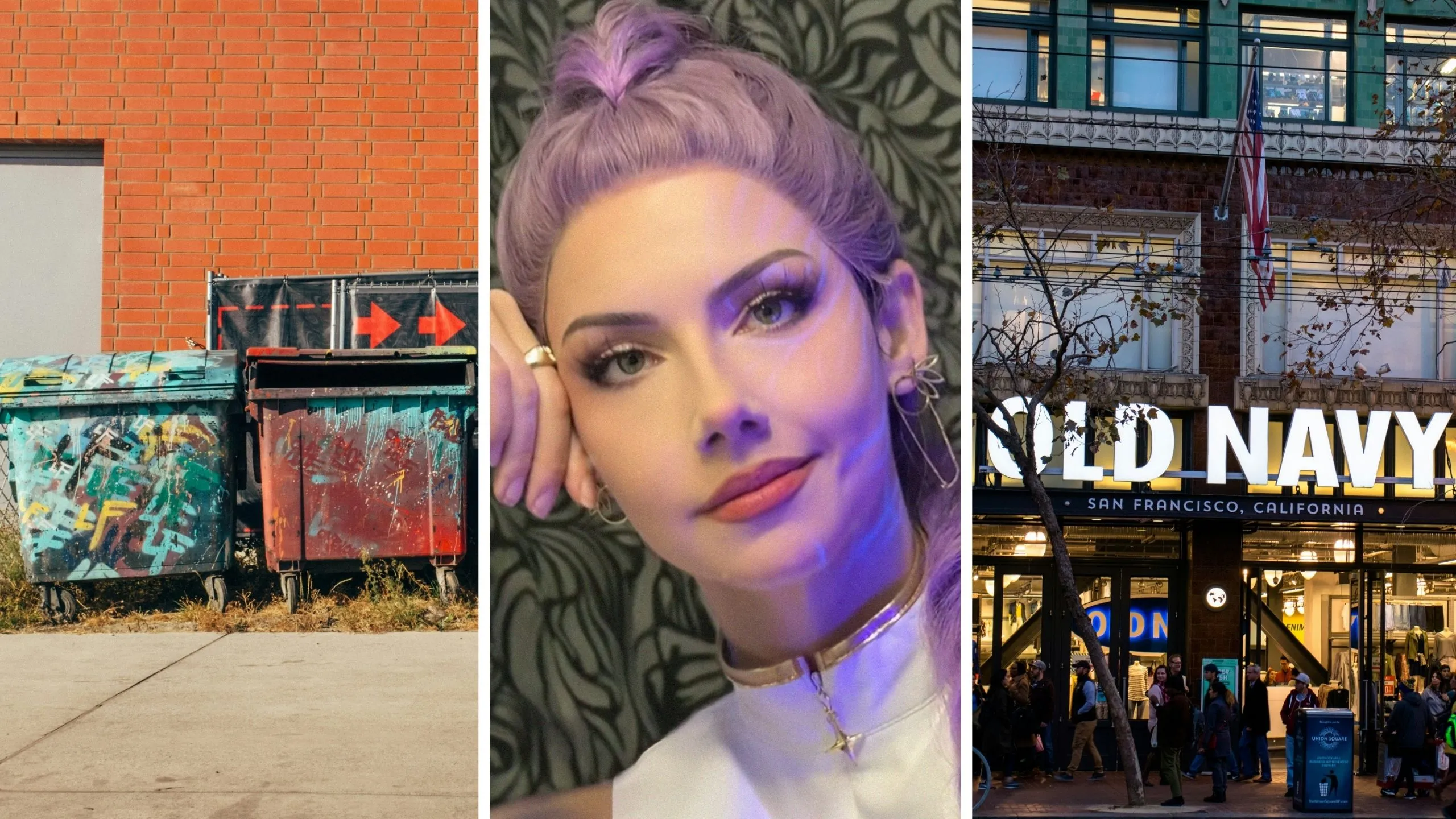 store dumpster (l) woman shares dumpster diving encounter (c) old navy entrance (r)