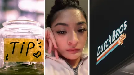 tipping jar (l) woman shares dutch bros concern (c) Dutch bros storefront (r)