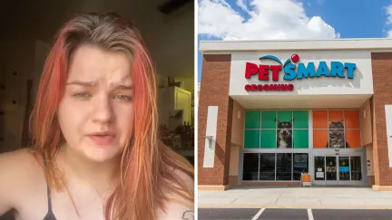 woman shares issue with purchase (l) Petsmart storefront (r)