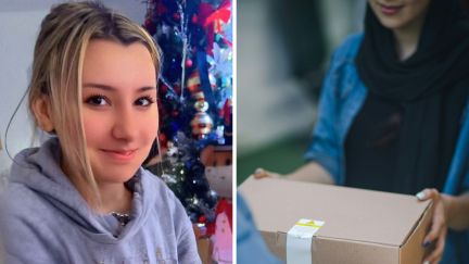 woman shares online dress order (l) dress package arrives (r)