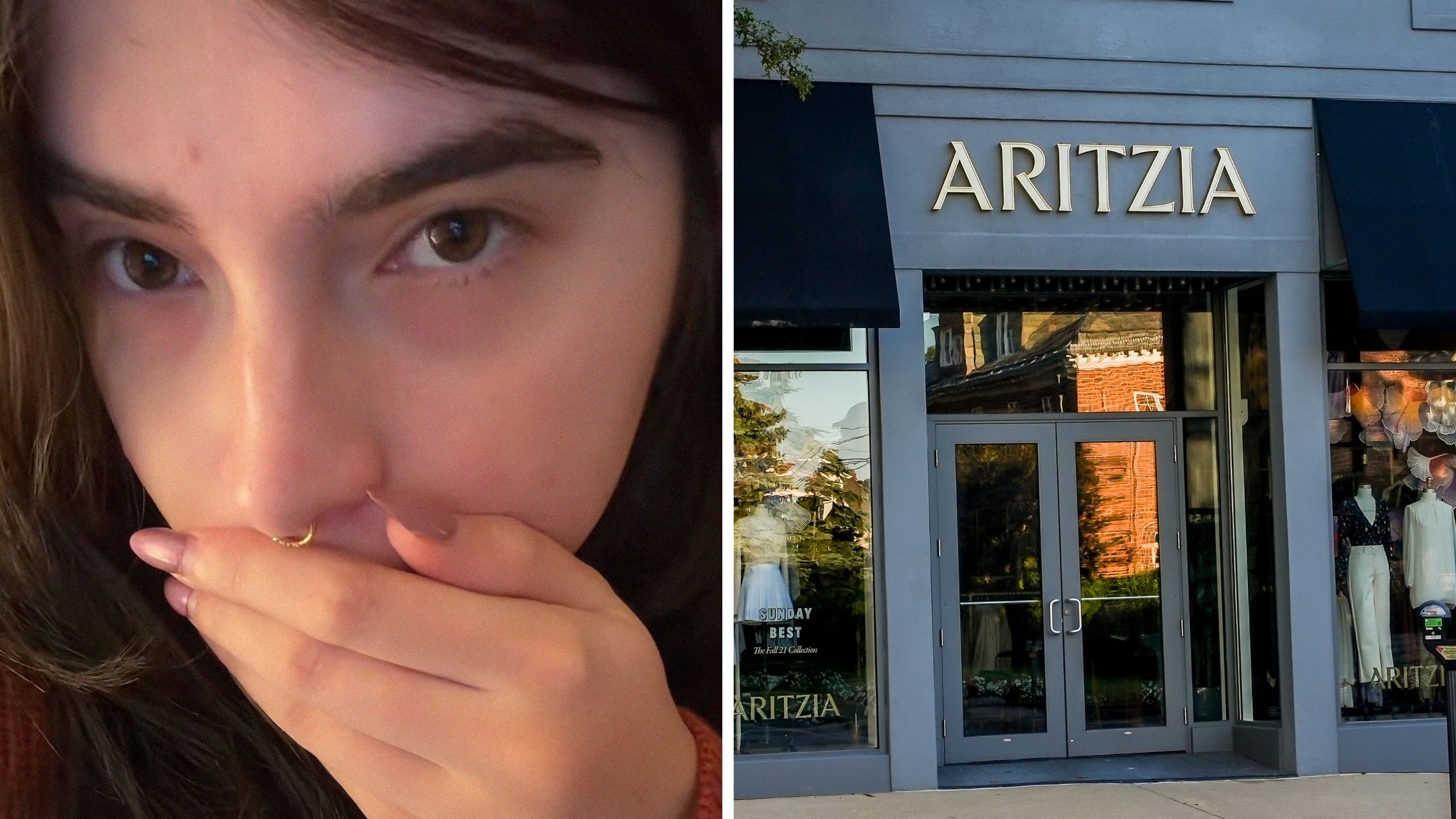 woman shares shopping accident (l) Aritzia storefront (r)