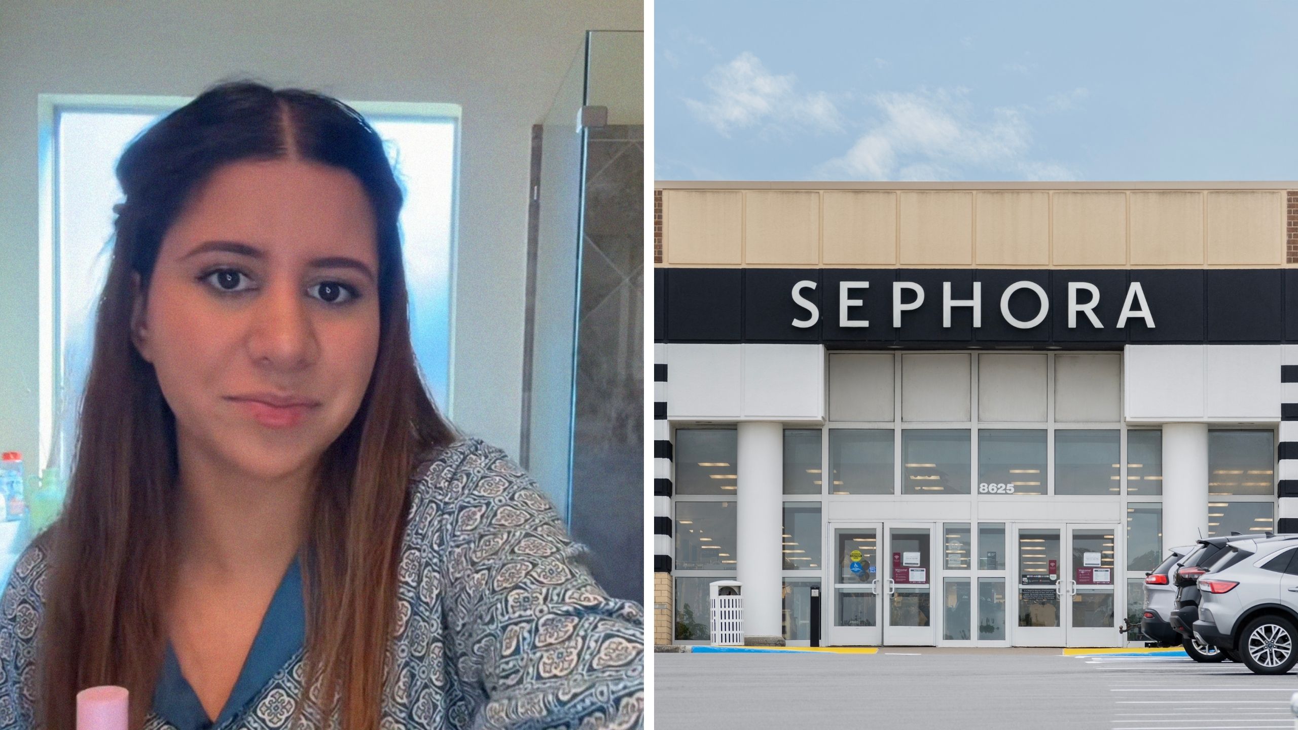 woman shows birthday gift reward from sephora (l) Sephora store front (r)