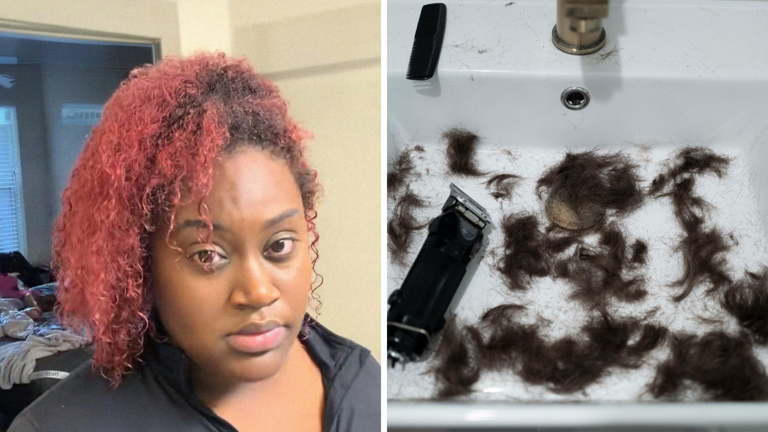 woman shares hair struggles (l) woman cuts off her own hair in bathroom sink (r)