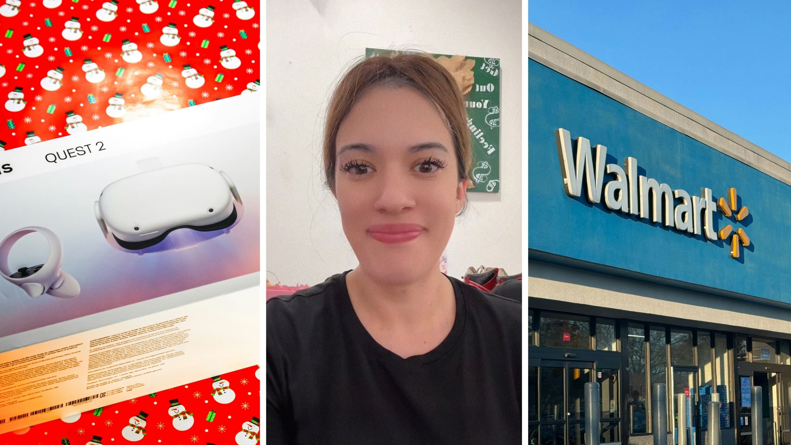 meta quest (l) woman shares purchase issue (c) walmart storefront (r)