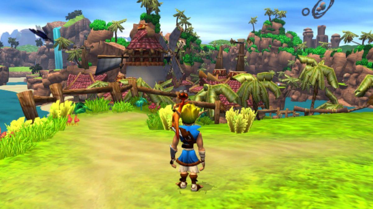 A young man and an ocelot look out over an island village in "Jak and Daxter"