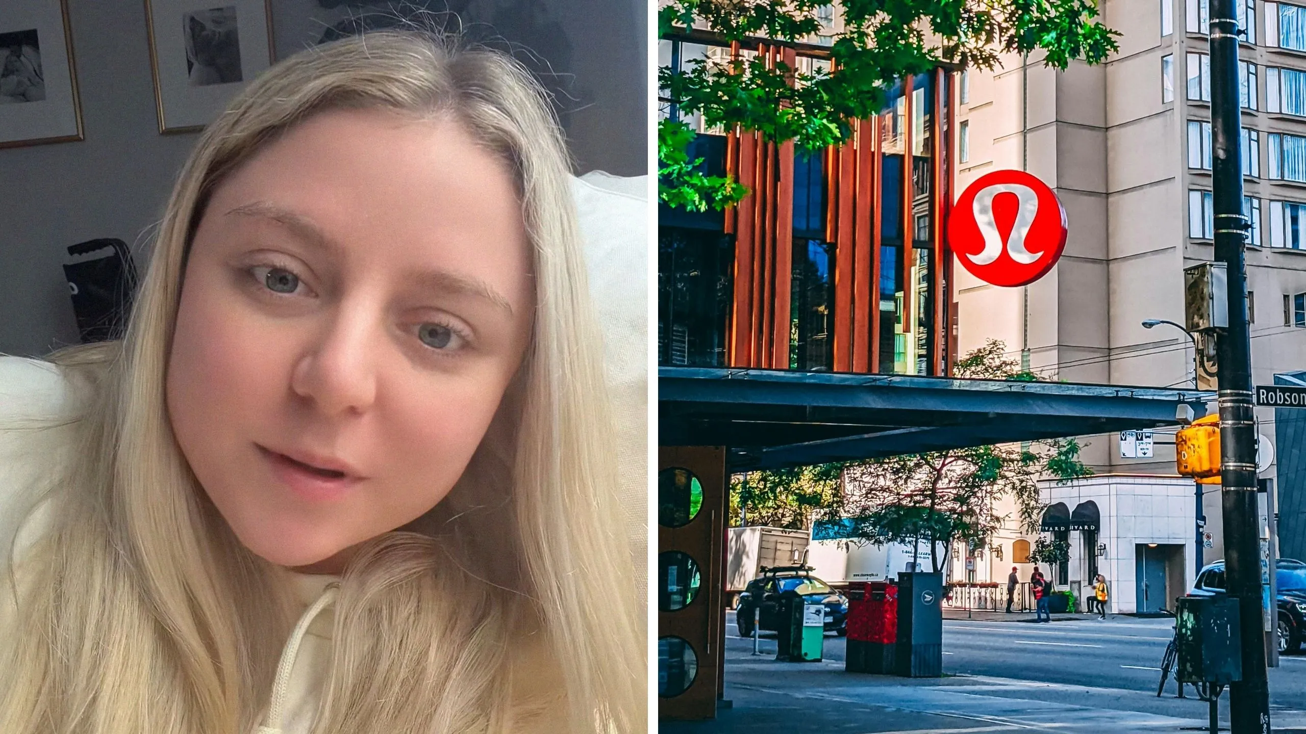 woman shares work experience (l) Lululemon storefront (r)