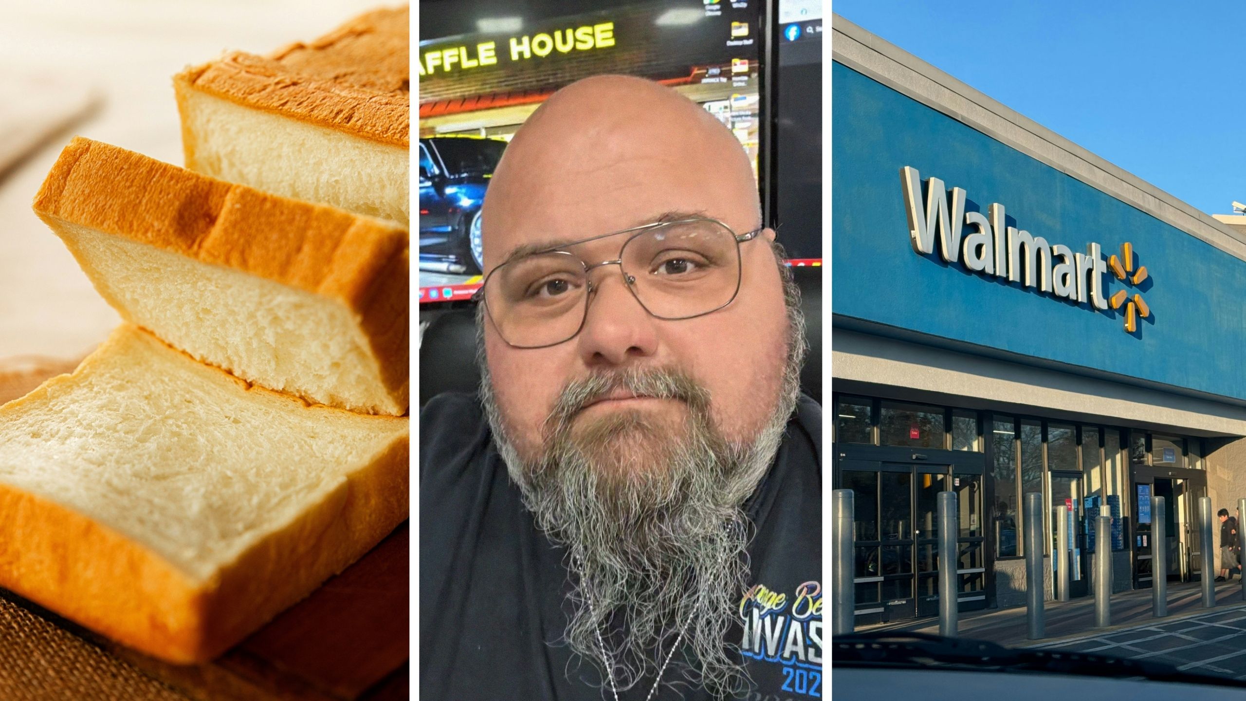 sliced bread (l) man shares walmart bread issue (c) walmart storefront (r)