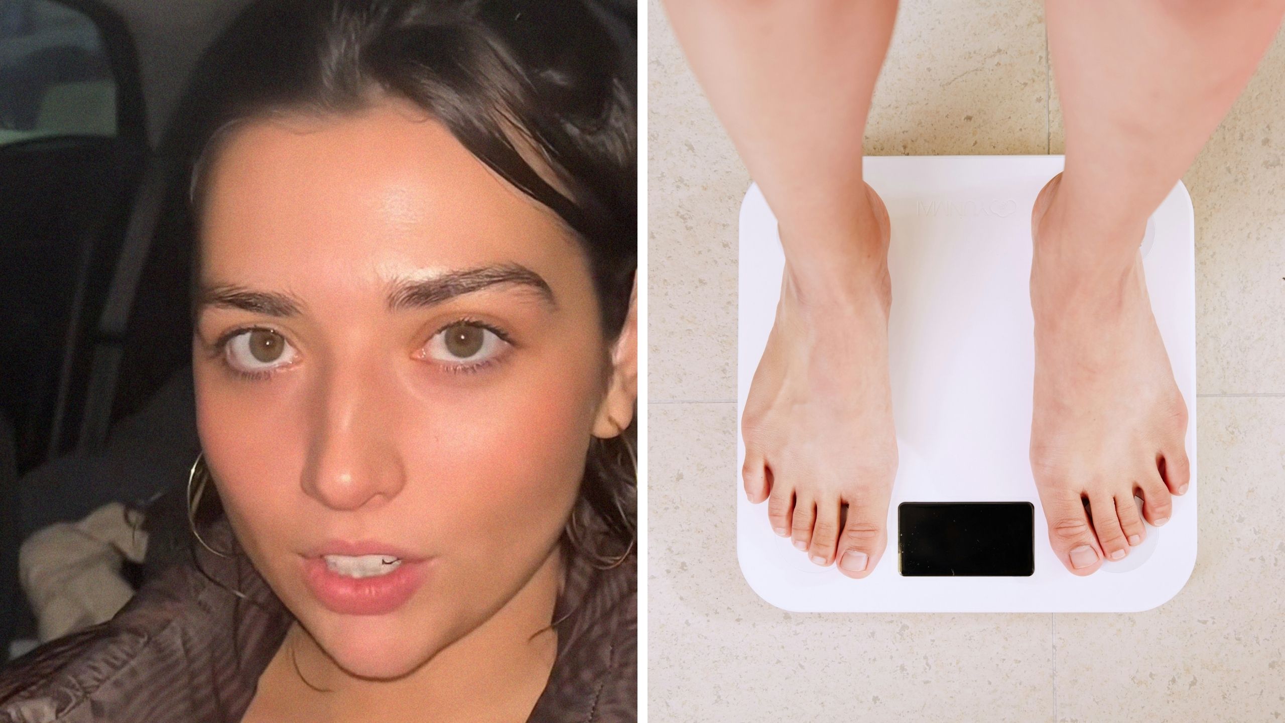 woman shares womens body weight information (l) body on weight scale (r)