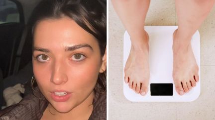 woman shares womens body weight information (l) body on weight scale (r)