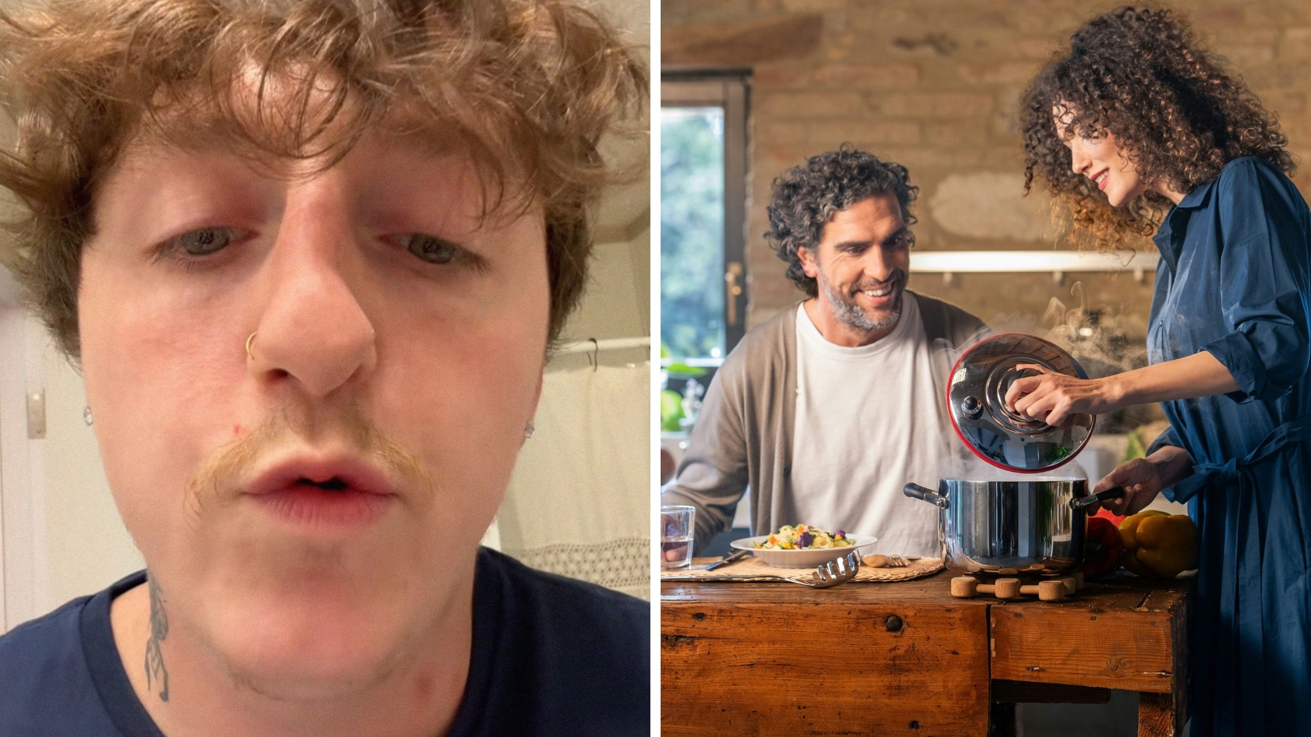 man shares cooking night with girlfriend (l) man and woman cooking together (r)