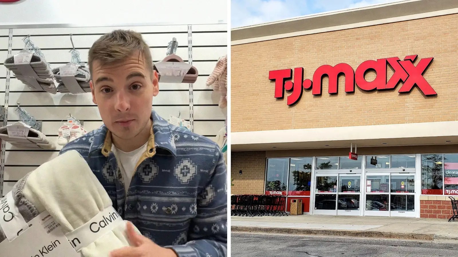 man shares shopping tips (l) tj maxx store front (r)