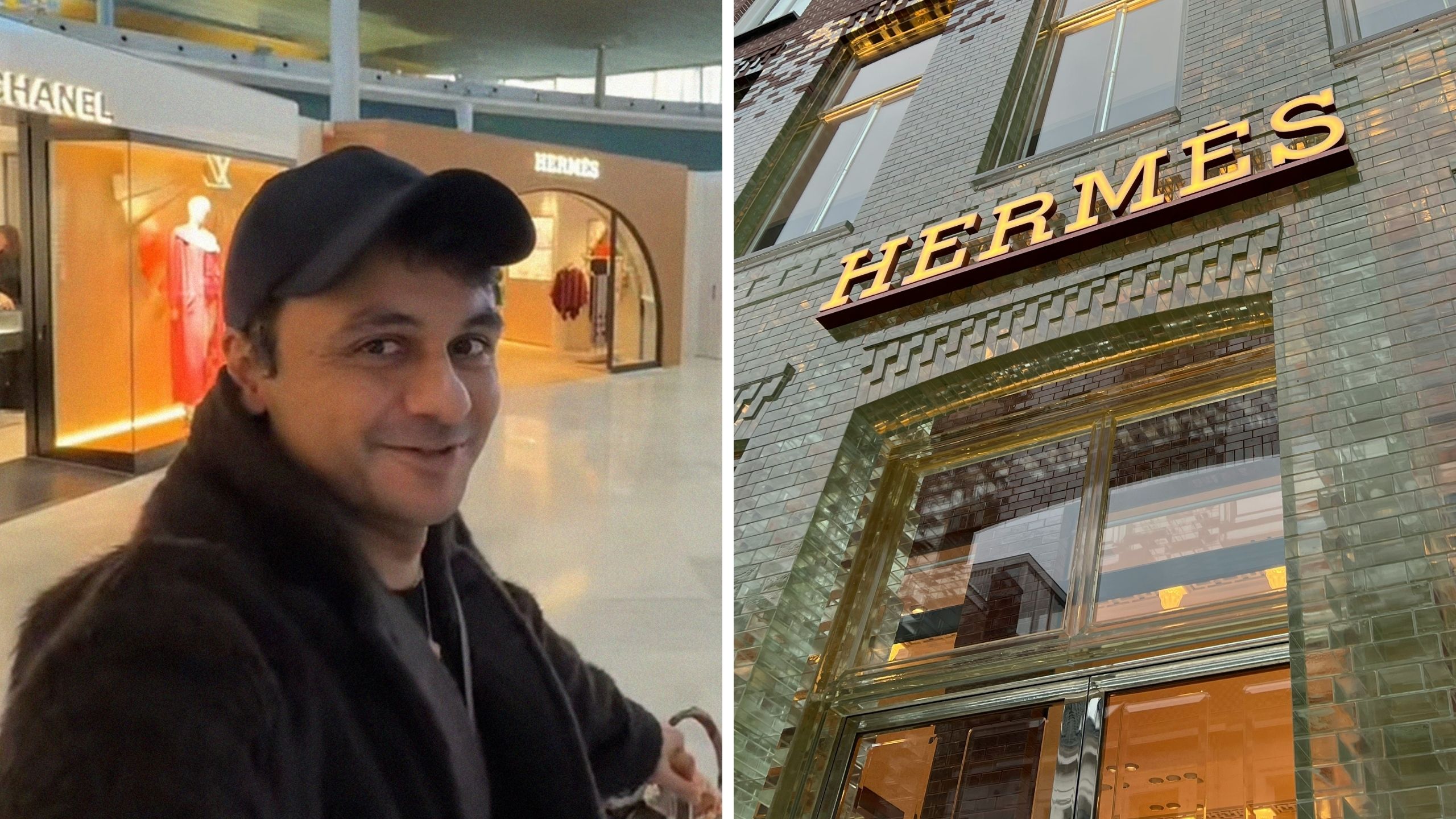 man shares shopping treatment at hermes (l) Hermes storefront (r)