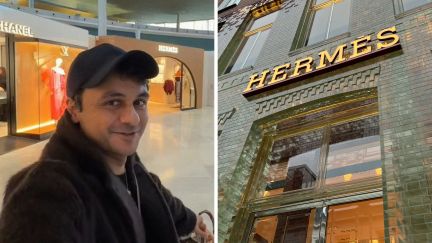 man shares shopping treatment at hermes (l) Hermes storefront (r)