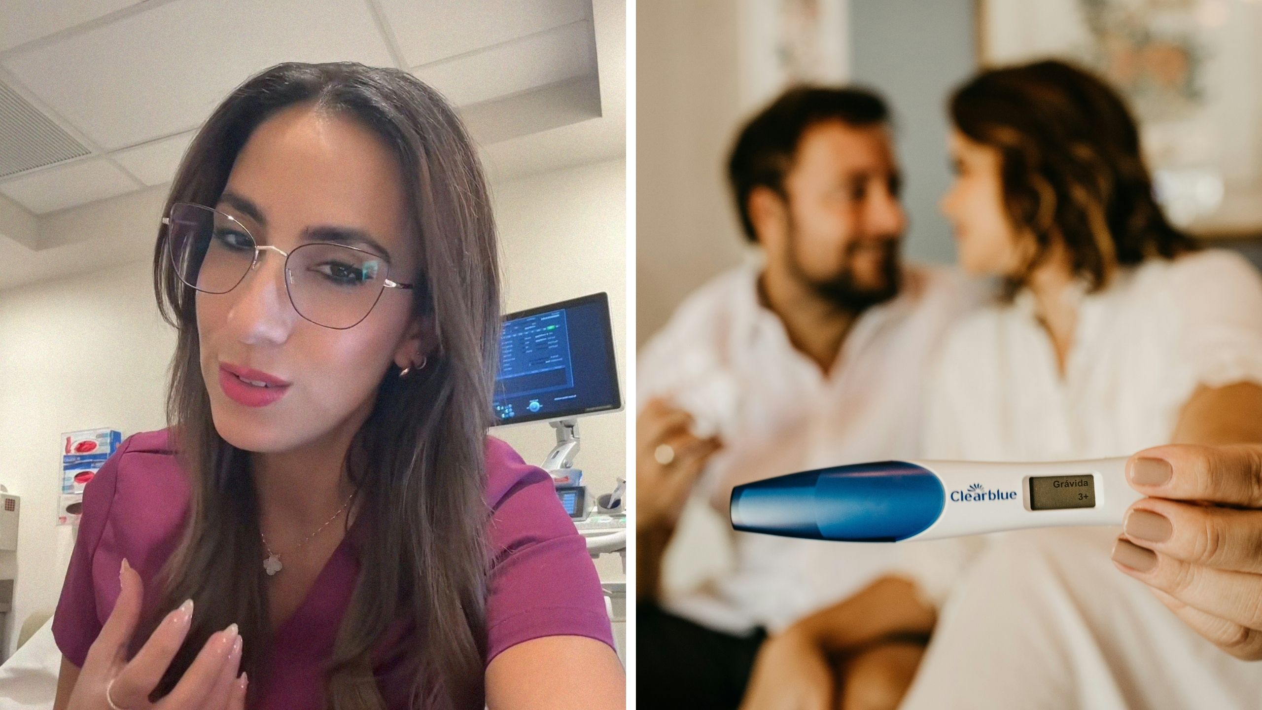 woman shares work day experience (l) couple confirm pregnancy (r)