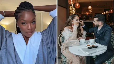 woman shares date experience (l) beautiful dressed couple on a date (r)