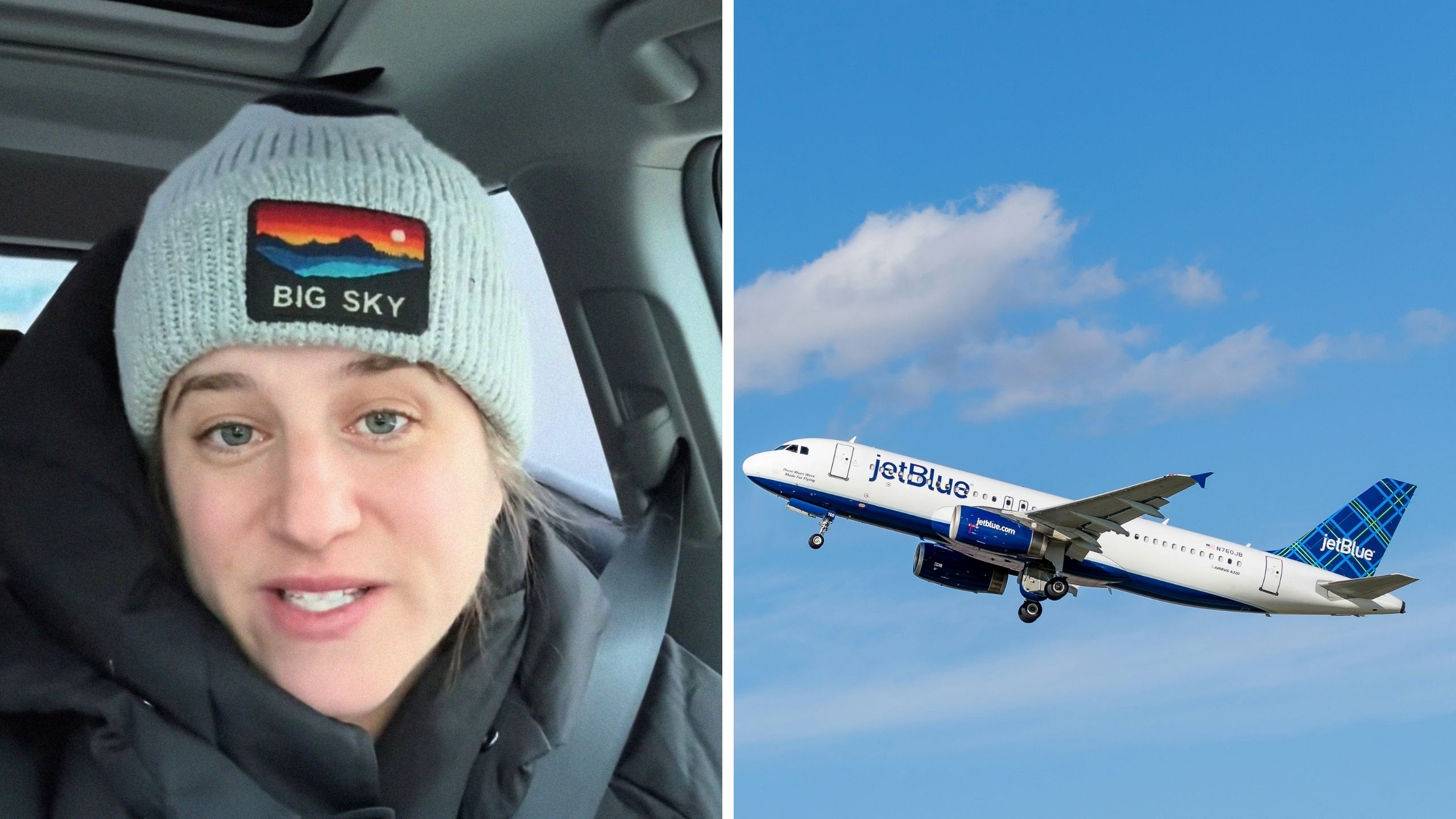 woman shares airline issue (l) Jetblue aircraft (r)