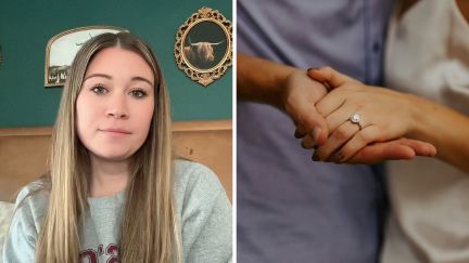 woman shares relationship issue (l) Engaged couple (r)