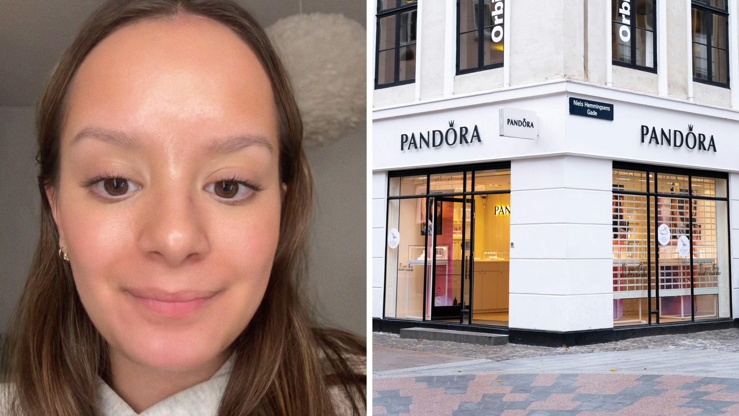 woman shares Pandora issue (l) Pandora store front (r)