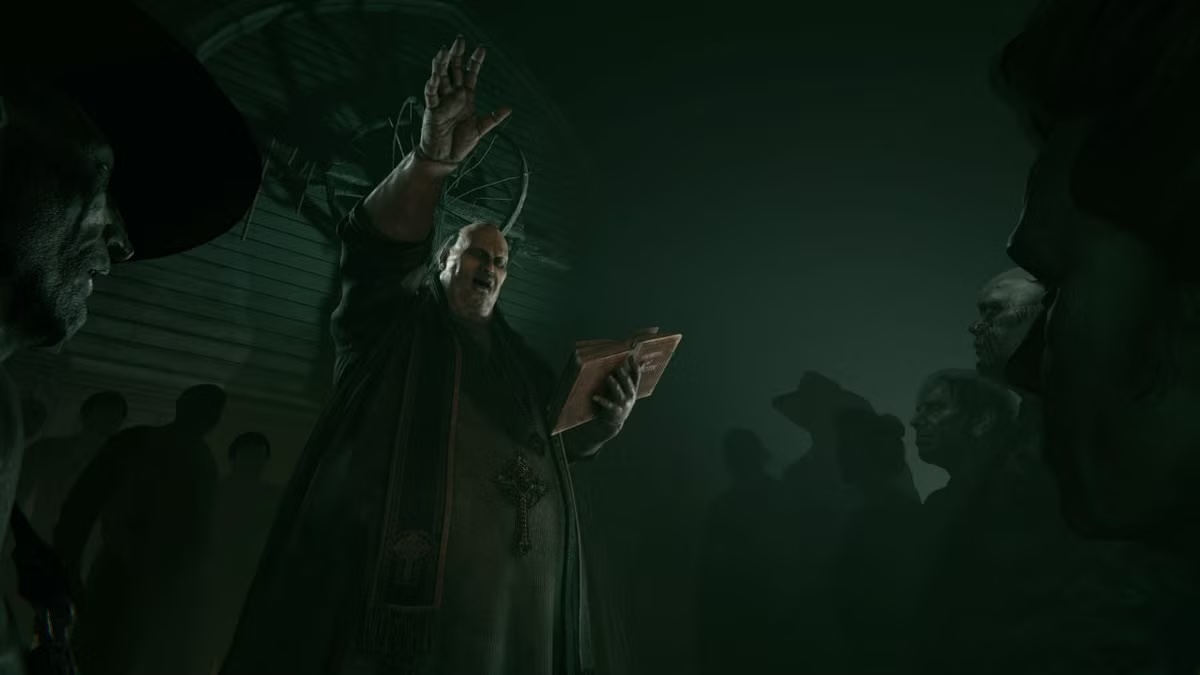 A cultist prays to a shadowy congregation in "Outlast 2"