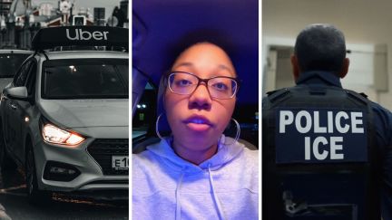 uber car (l) woman shares warning to public (c) ice agents (r)