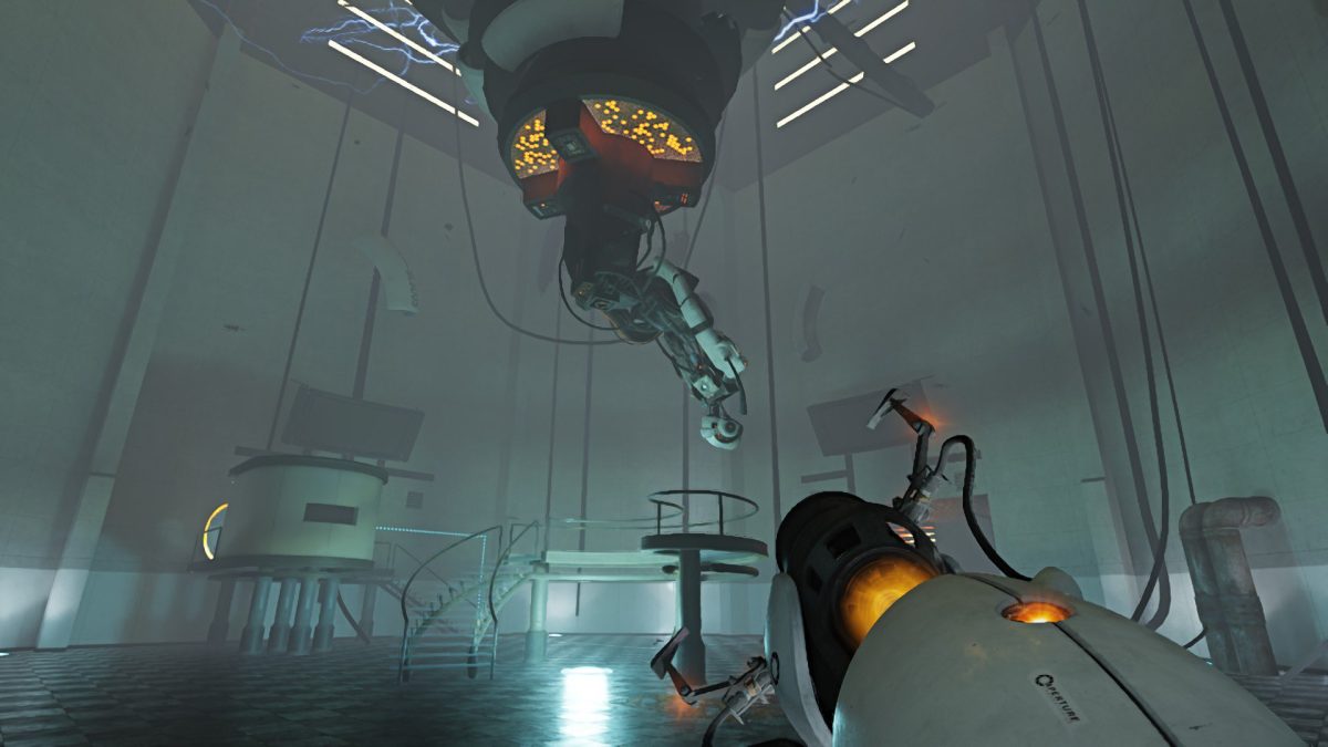 POV of a person holding a portal gun in a room with robots in "Portal 2"