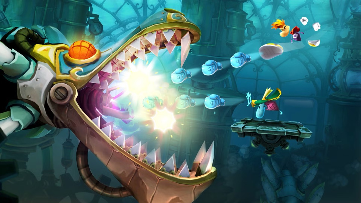 A group of cartoon cahracters shoot at at sea serpent in "Rayman Legends"