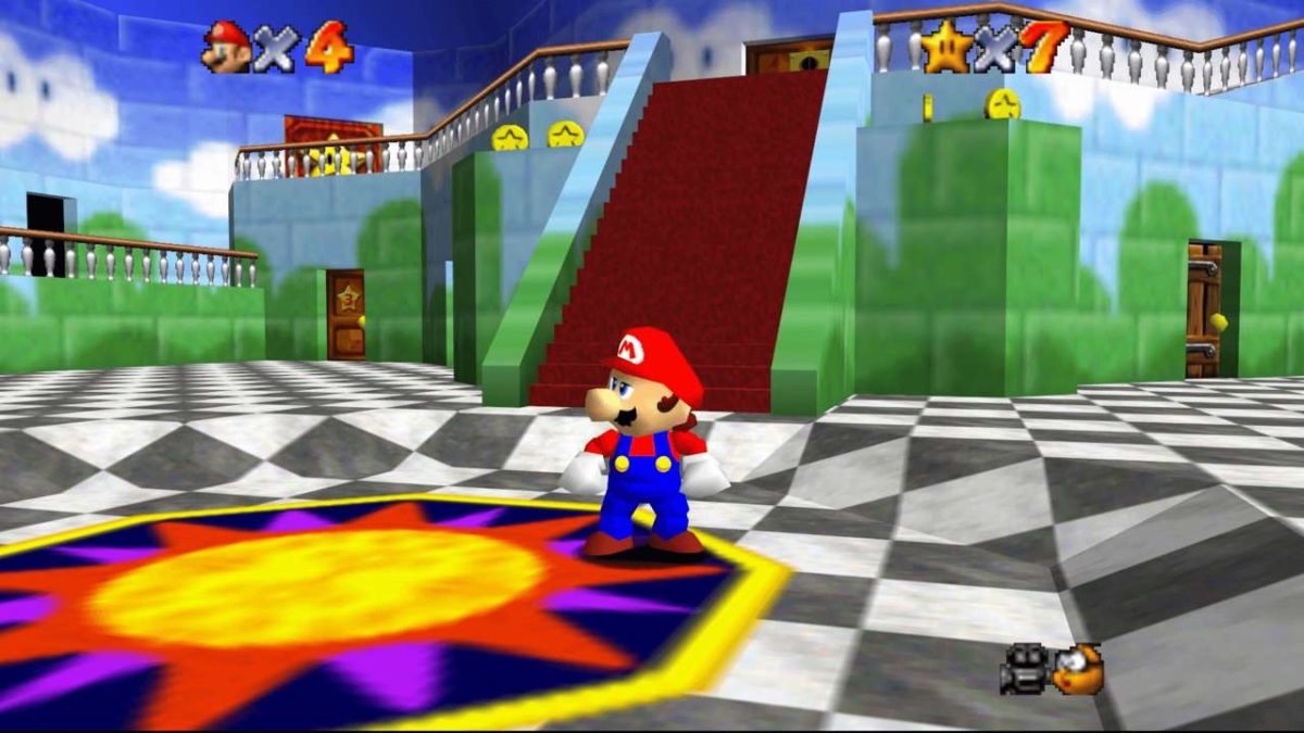 Mario standing in a castle foyer in "Super Mario 64"