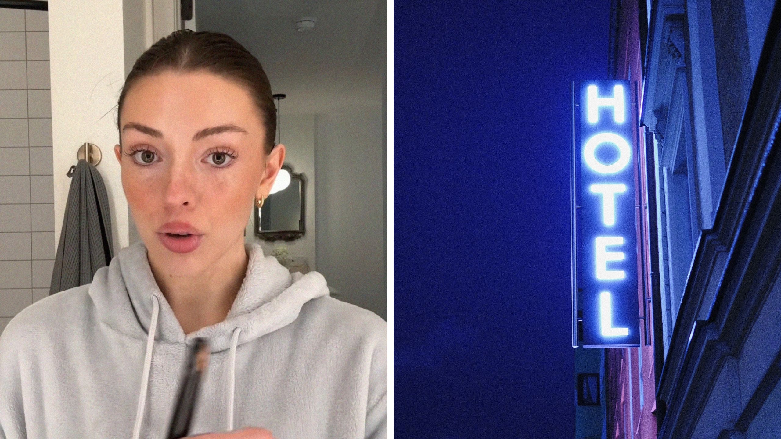 woman shares hotel experience (l) hotel sign (r)