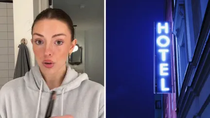 woman shares hotel experience (l) hotel sign (r)