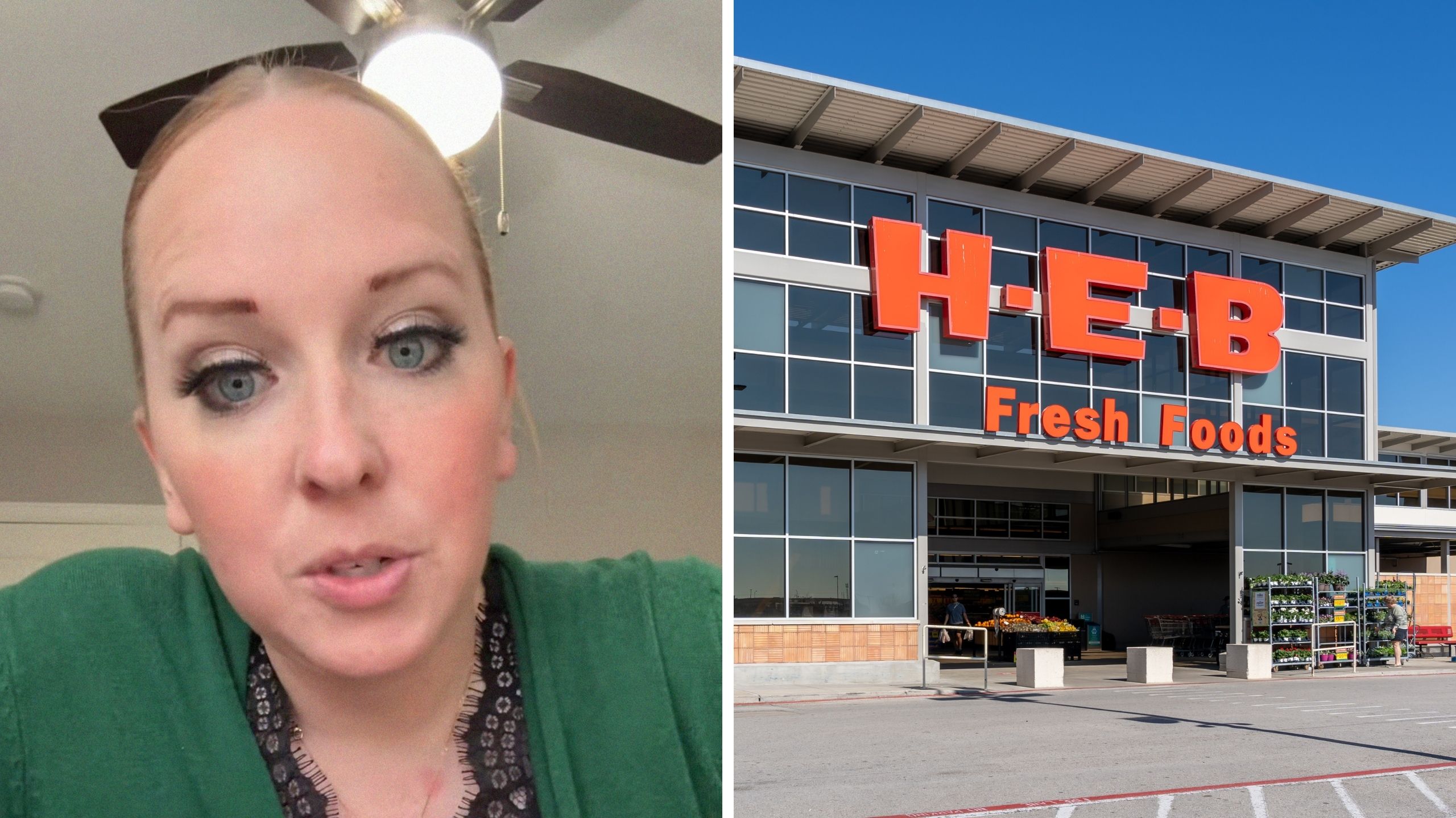 woman shares dessert concern (l) H.E.B storefront (r)