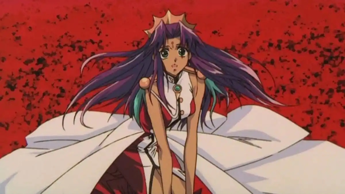 A young woman sits in a field of roses in "The Adolescence of Utena"