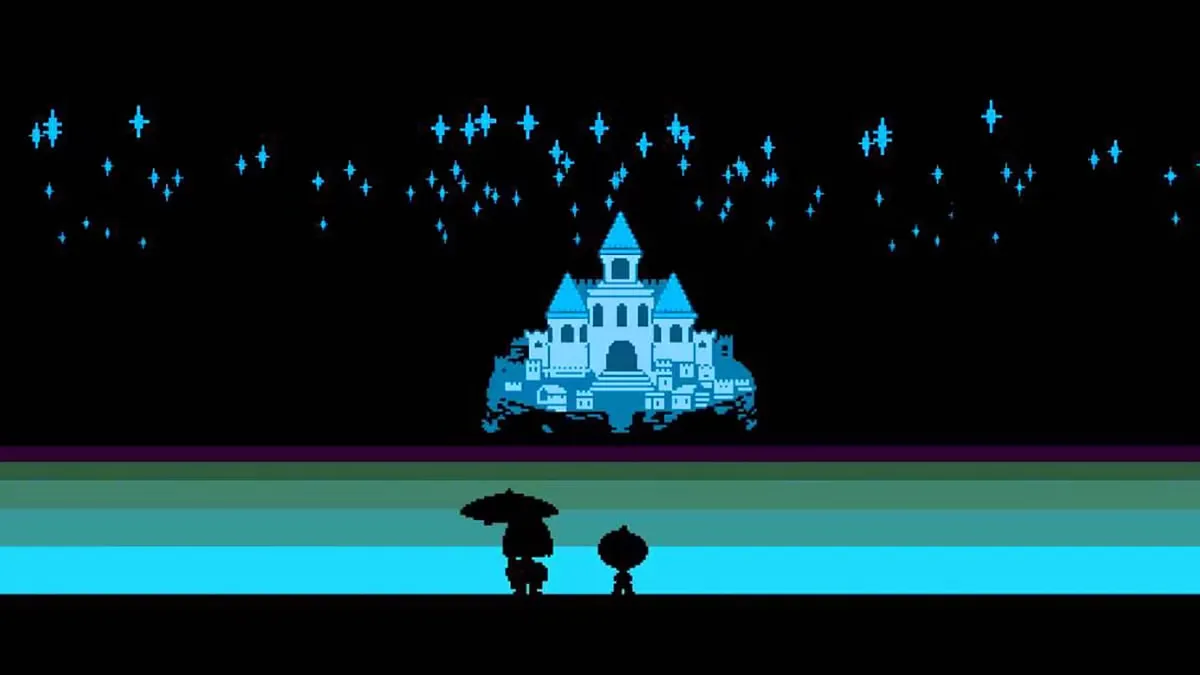 Two figures gaze off looking at distant castle in "Undertale"