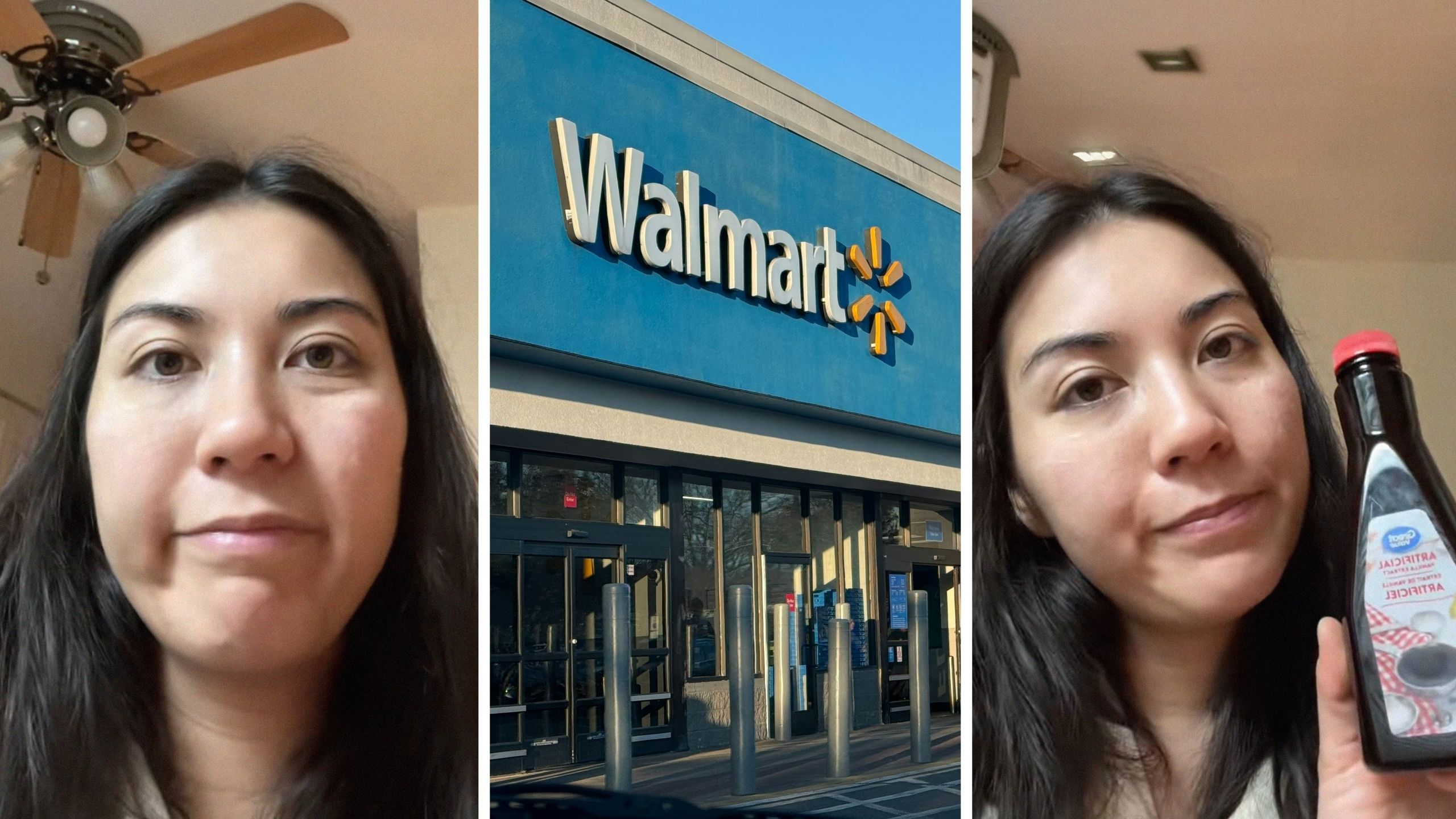 woman shares purchase issue (l) walmart storefront (c) woman holding great value vanilla extract (r)