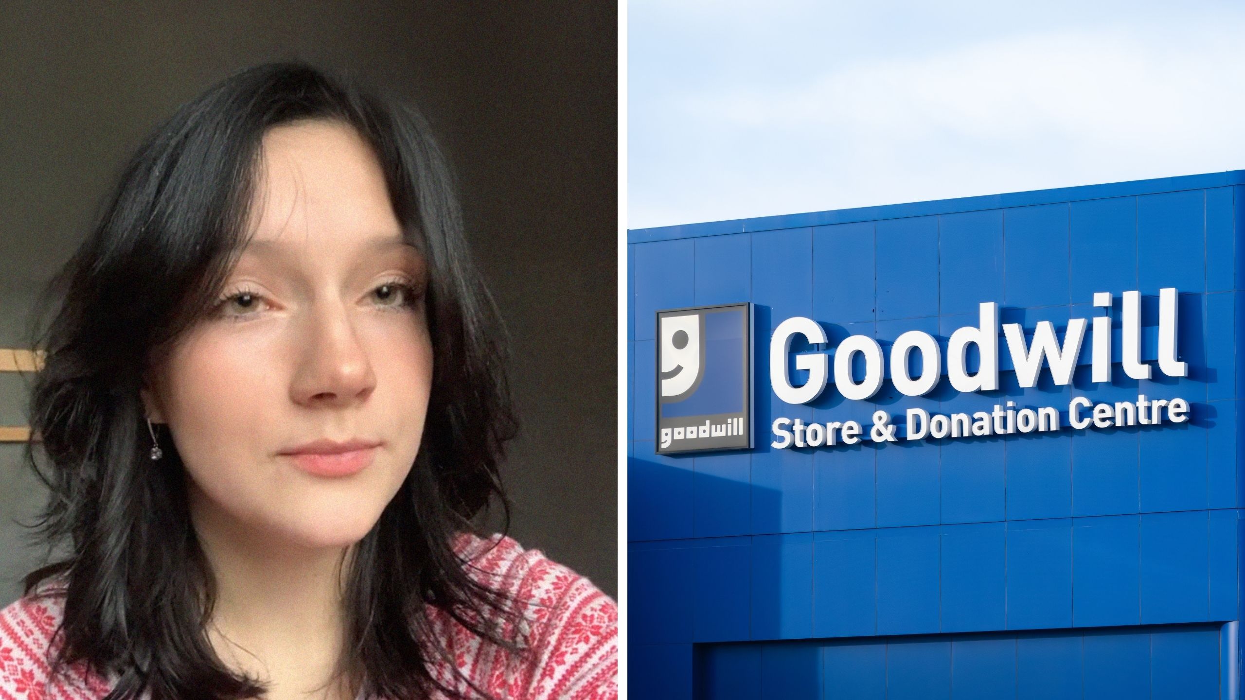 woman shares shopping experience (l) The Goodwill storefront (r)