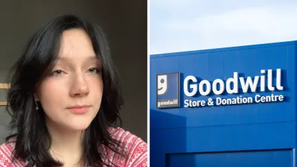 woman shares shopping experience (l) The Goodwill storefront (r)