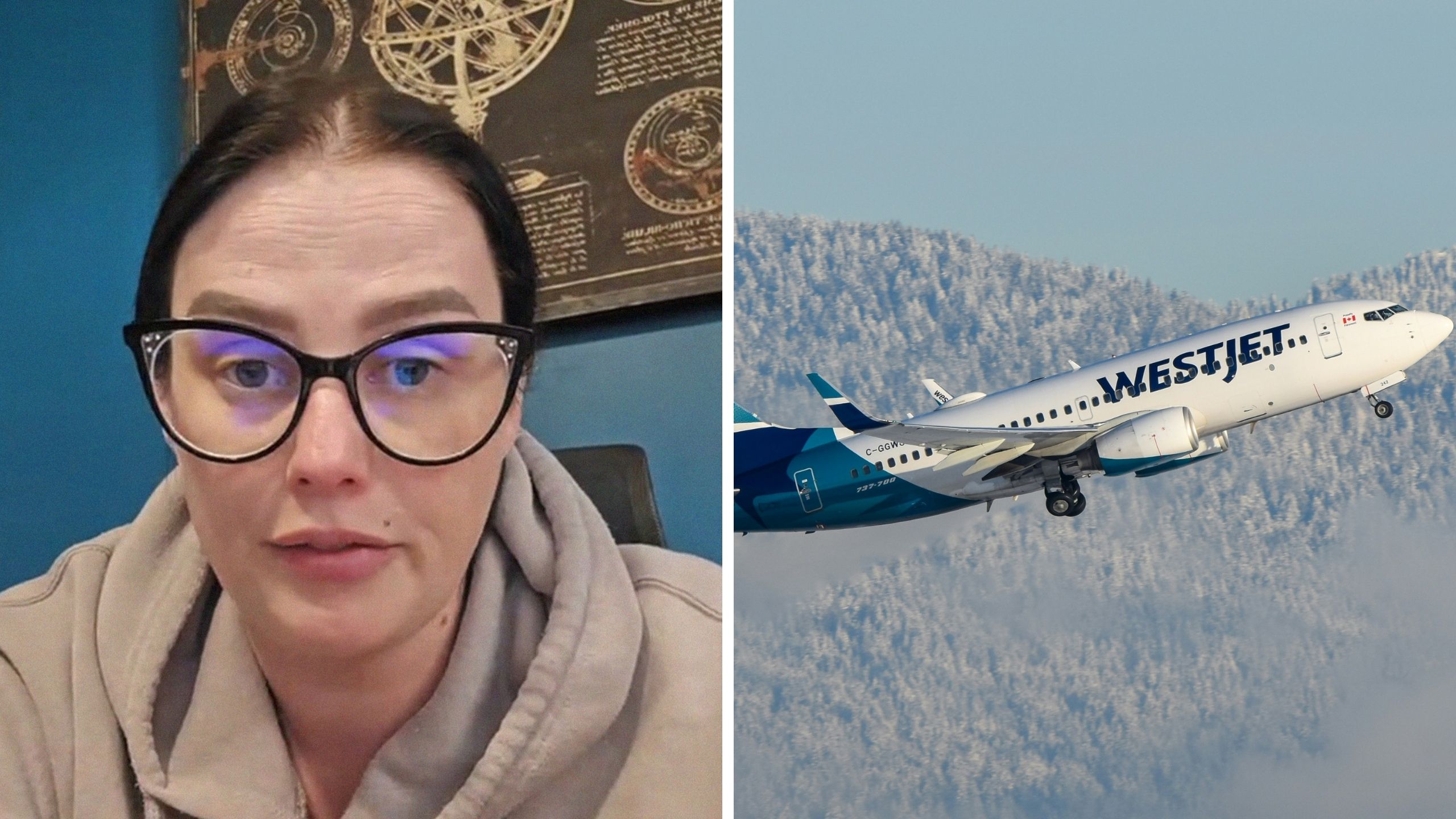 woman shares flight experience (l) Westjet airlines (r)