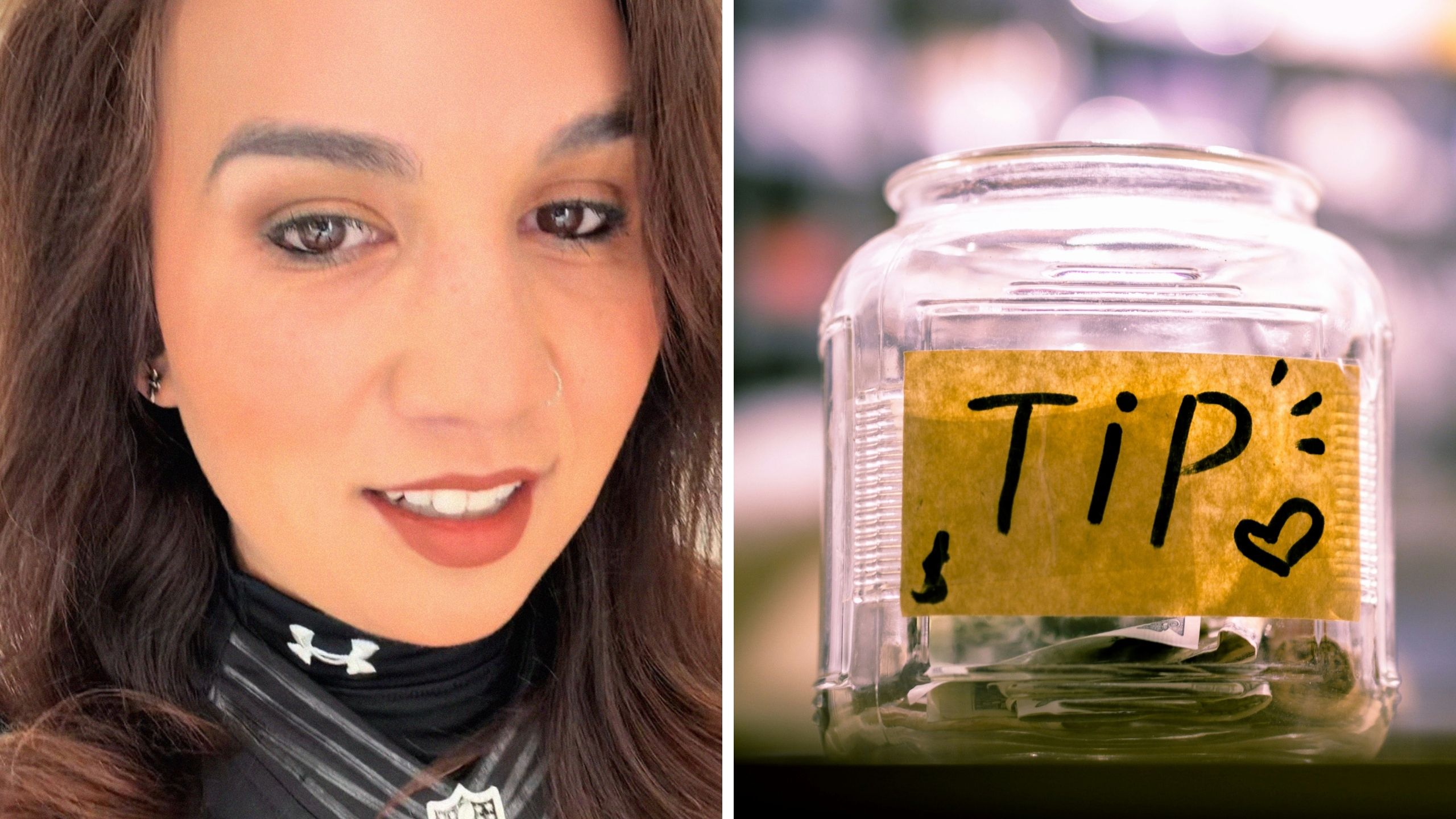 woman shares dining out experience (l) tip jar (r)