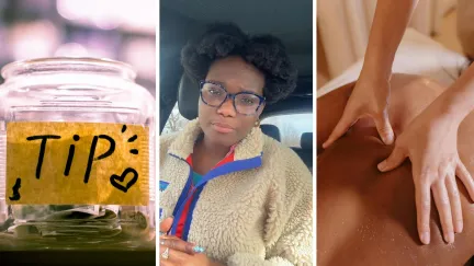 tip jar (l) woman shares massage experience (c) woman getting a massage (r)