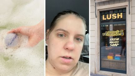 adding bath bomb to tub (l) woman shares bath bomb experience (c) Lush store front (r)