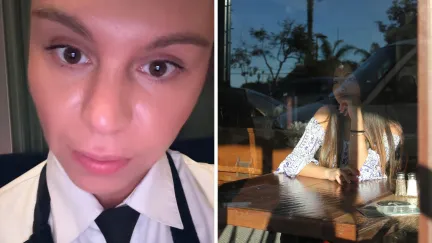 woman shares work experience with early customer (l) woman waiting to get attended at restaurant (r)